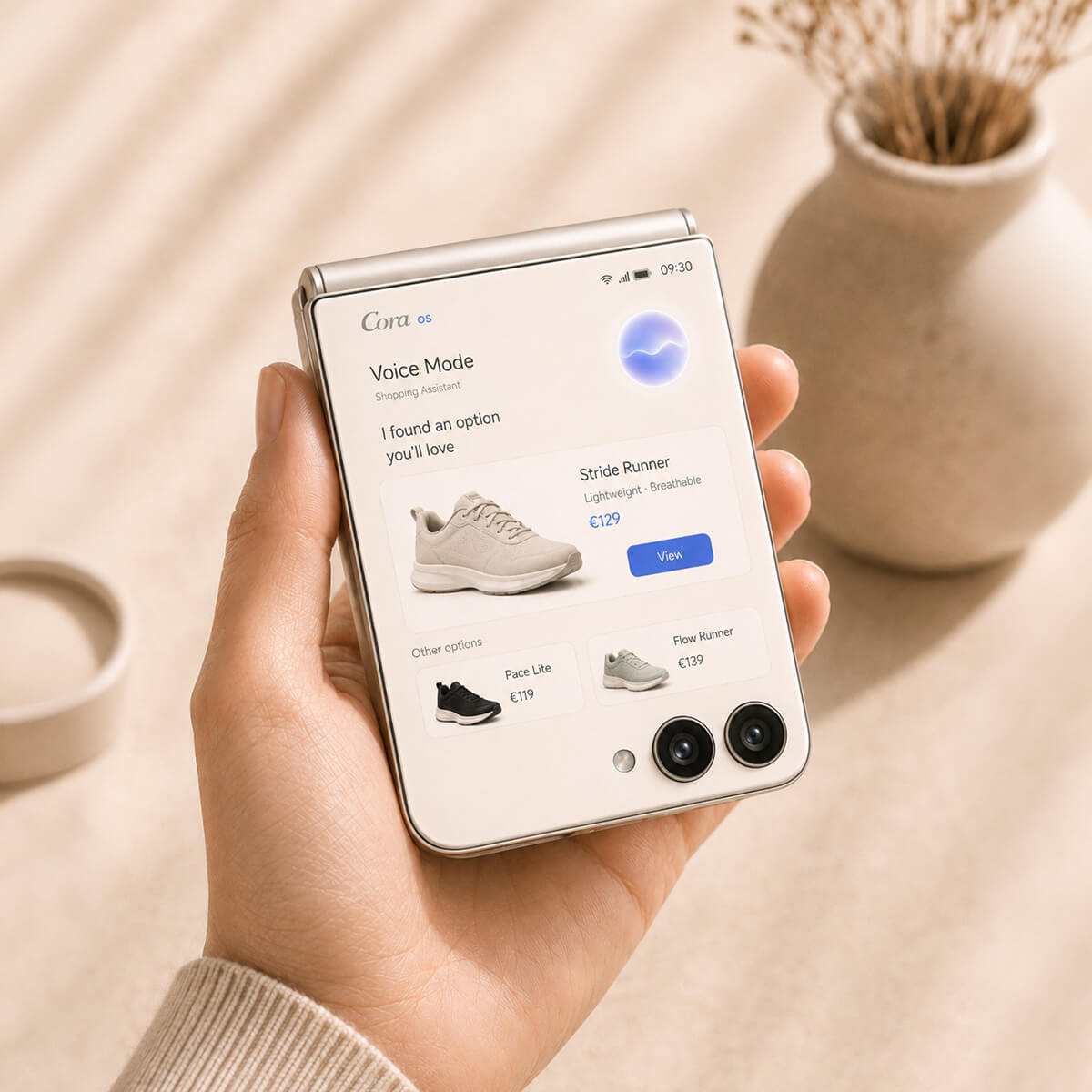 A hand holds a phone running Cora OS while a shopping assistant suggests options to approve.