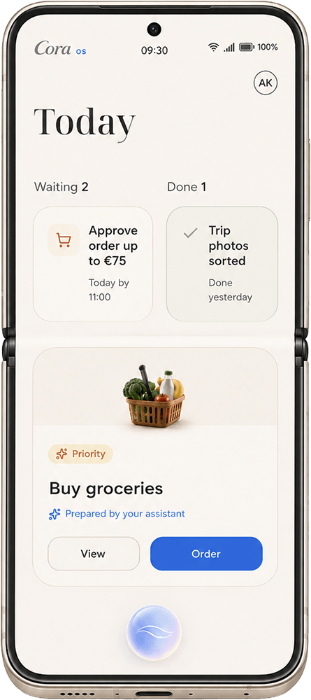 Cora OS Today screen — tasks waiting for you, done items, and a prepared grocery order to approve.