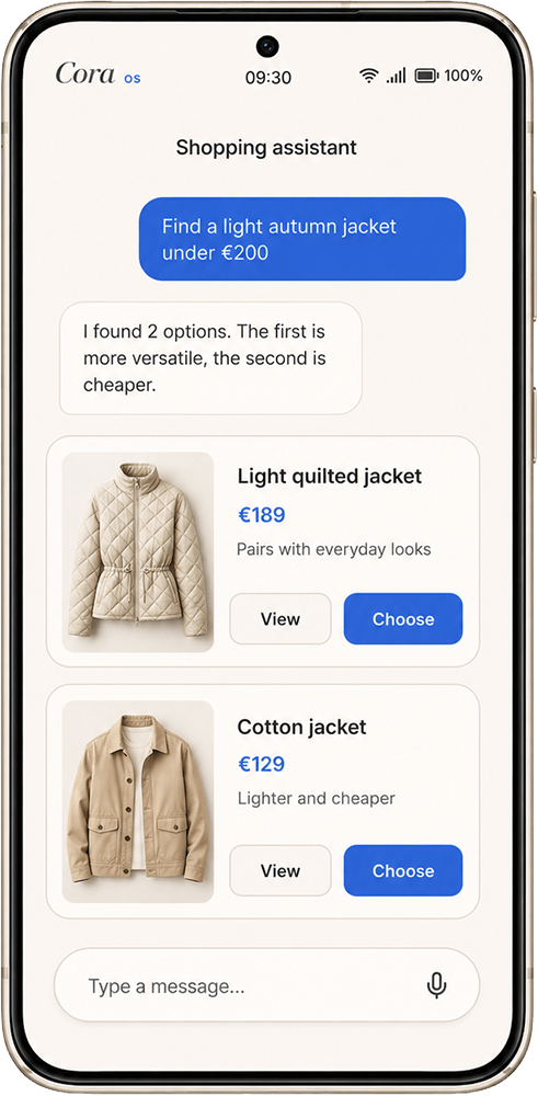 Cora OS chat — a shopping assistant offers two jacket options with prices to choose from.
