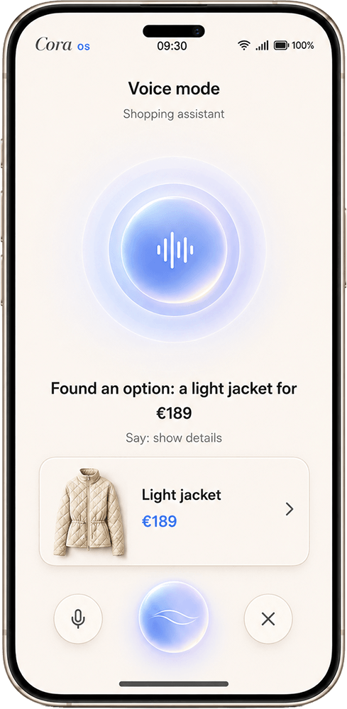 Cora OS voice mode — the assistant reads out a found option to confirm by voice.